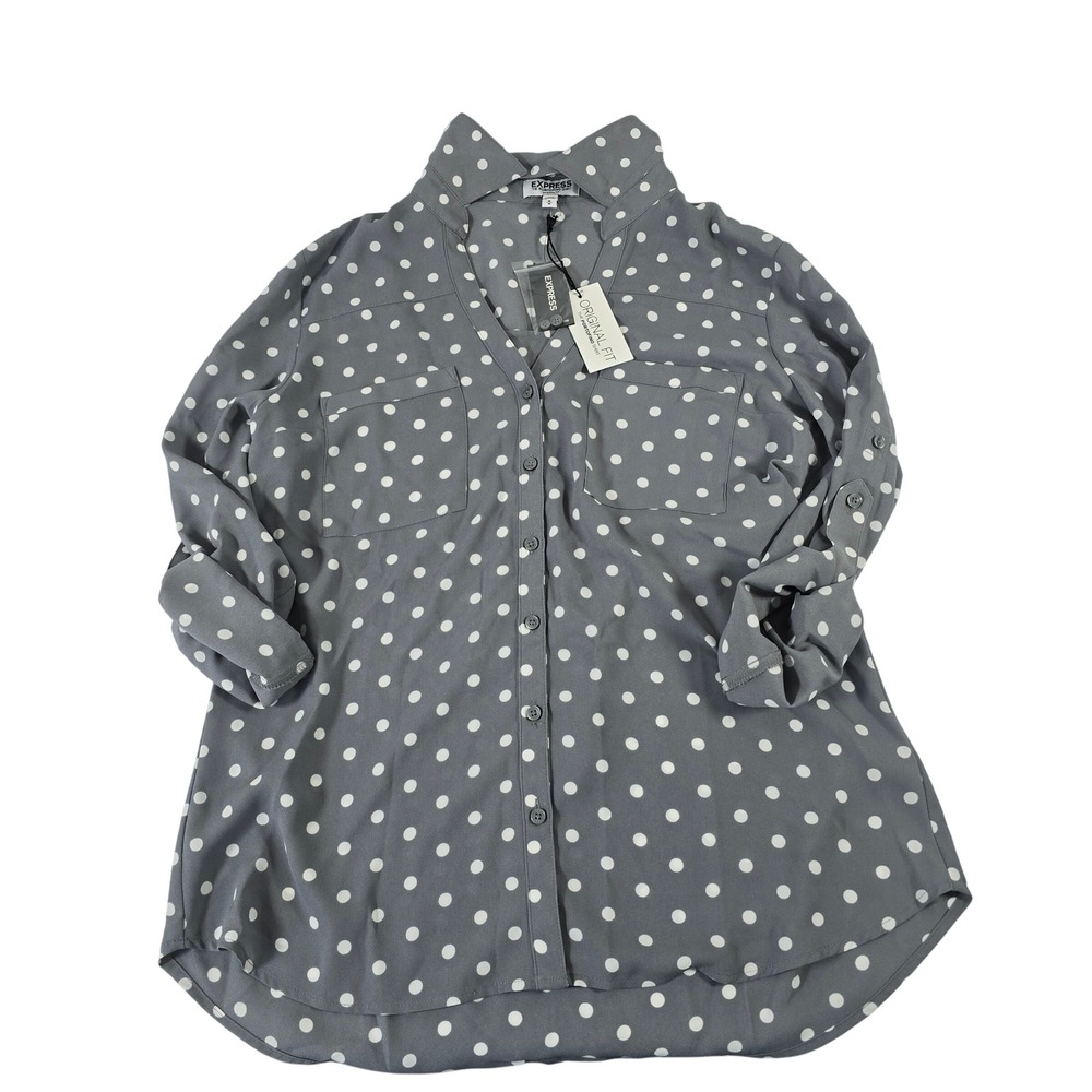 Express The Portofino Shirt Original Fit Grey White Polka Dot Blouse Mens M NEW
